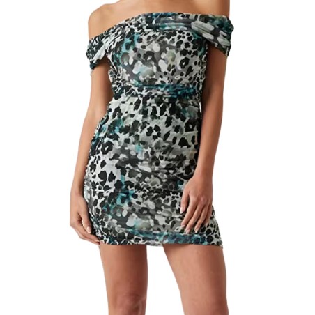GUESS OFF SHOULDER VERDIANA DRESS AQUARELLE LEOPAR