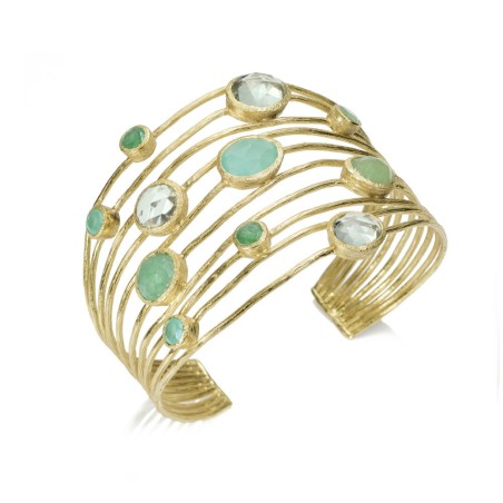 Brazalete de 10 hilos Multipiedra verde en baño de oro 18k