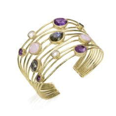 Brazalete de 10 hilos multipiedras rosa en baño de oro 18k