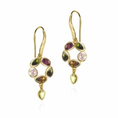 Pendientes gancho flor turmalina baño de oro 18k