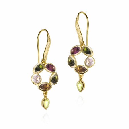 Pendientes gancho flor turmalina baño de oro 18k