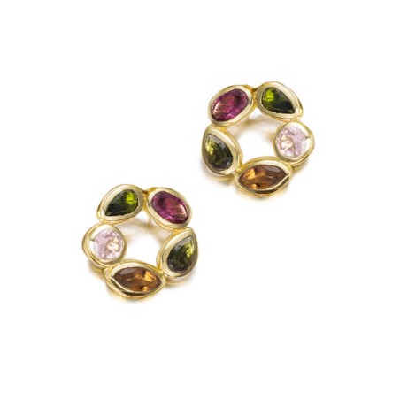 Pendientes en forma de flor con turmalina, baño de oro de 18K