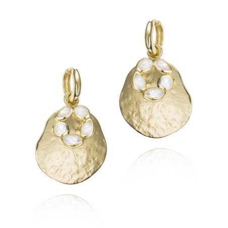 Pendientes de aro irregular con flor y espectrolita, baño de oro 18k