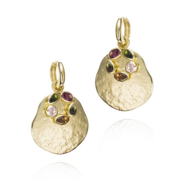 Pendientes de aro con flor irregular y turmalina, baño de oro 18k
