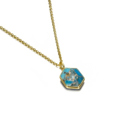 Colgante hexagonal con Turquesa en baño de oro 18k