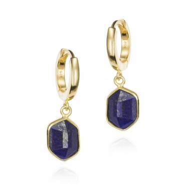 Pendiente de aro con Lapislázuli hexagonal en baño de oro 18k
