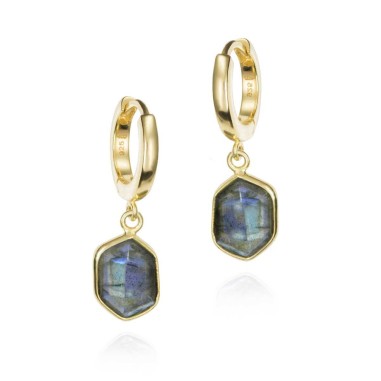 Pendiente de aro con Labradorita hexagonal en baño de oro 18k