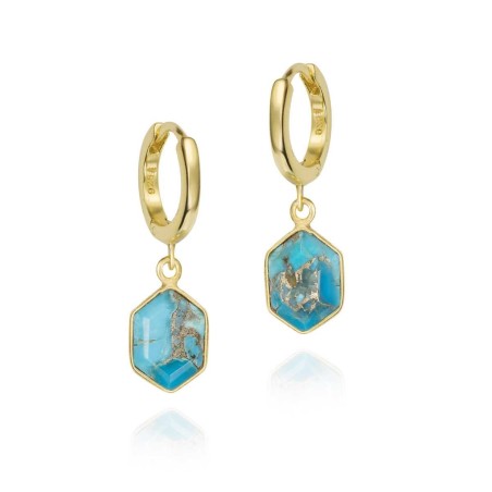 Pendiente de aro con Turquesa hexagonal en baño de oro 18k