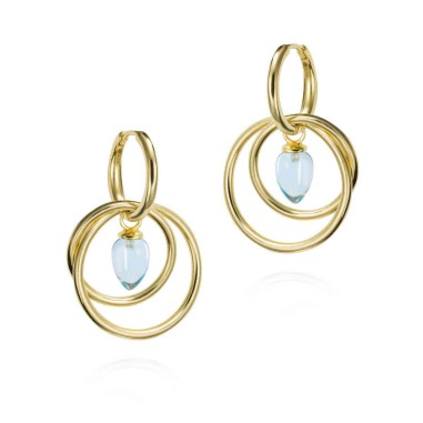Pendientes largos de aro con Topacio Azul en baño de oro 18k