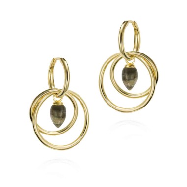 Pendientes largos de aro con Labradorita en baño de oro 18k