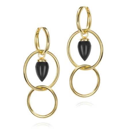 Pendientes largos de aro con Ónix Negro en baño de oro 18k