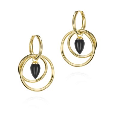 Pendientes largos de aro con Ónix Negro en baño de oro 18k