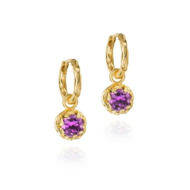 Pendientes de aro pequeños con Amatista de plata con baño de oro 18k