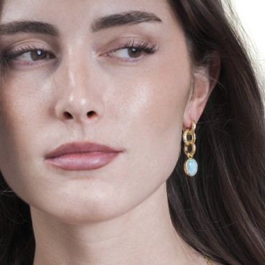 Pendientes largos Amazonita de plata con Baño de Oro 18k