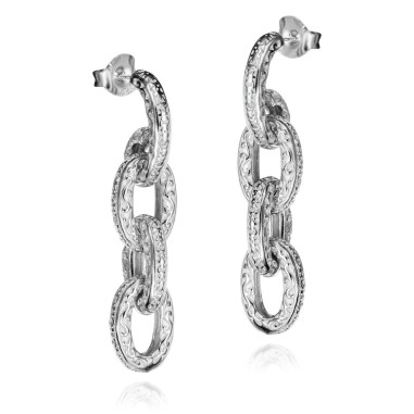 Pendientes largos plata de ley 925 con eslabones de textura floral