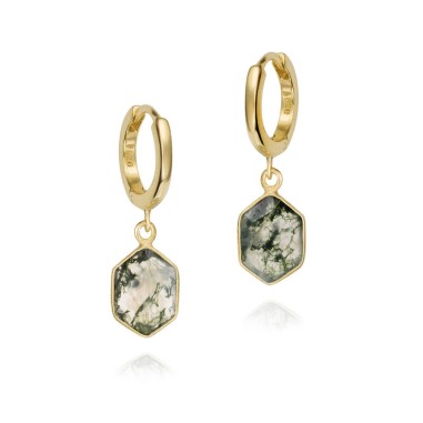 Pendiente de aro con Ágata Musgo hexagonal en baño de oro 18k