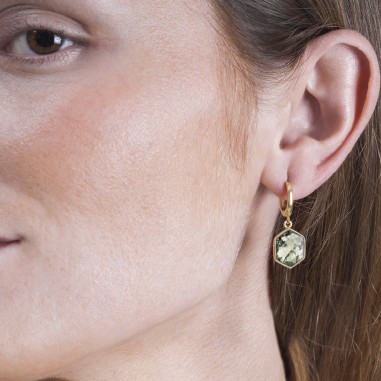 Pendiente de aro con Ágata Musgo hexagonal en baño de oro 18k