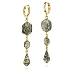 Pendiente largo con Ágata Musgo en baño de oro 18k