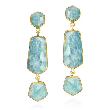 Pendientes largos con Amazonita geométrica en baño de oro 18k