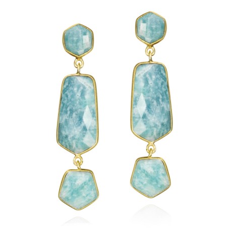 Pendientes largos con Amazonita geométrica en baño de oro 18k