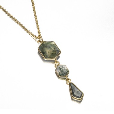 Colgante largo con Ágatas Musgo en baño de oro 18k